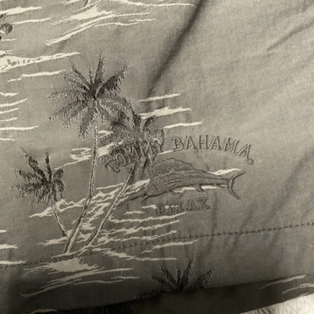 Tommy Bahama Relax Trunks Mens  XL Khaki Gray‎ Palm Tree Print Lined Swim Shorts